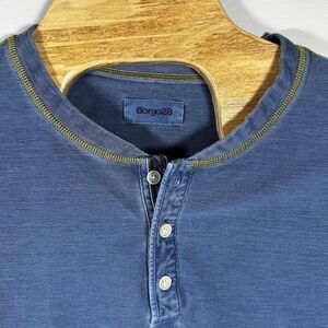 Borgo28‎ XL-Contrast Stitching Long-Sleeve Henley -Blue/Green Stitching
